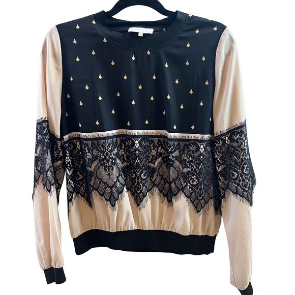 Mika Mindel Taelyn Black & Beige Lace Long Sleeve Blouse size M - Picture 1 of 5